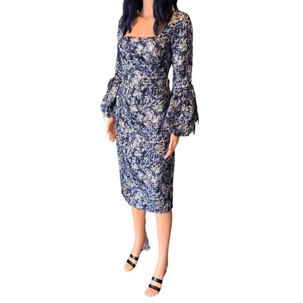 NWT Theia Brocade Dress 4 Navy Square Puff Sleeve Midi Wedding Guest Cocktail - Picture 4 of 9